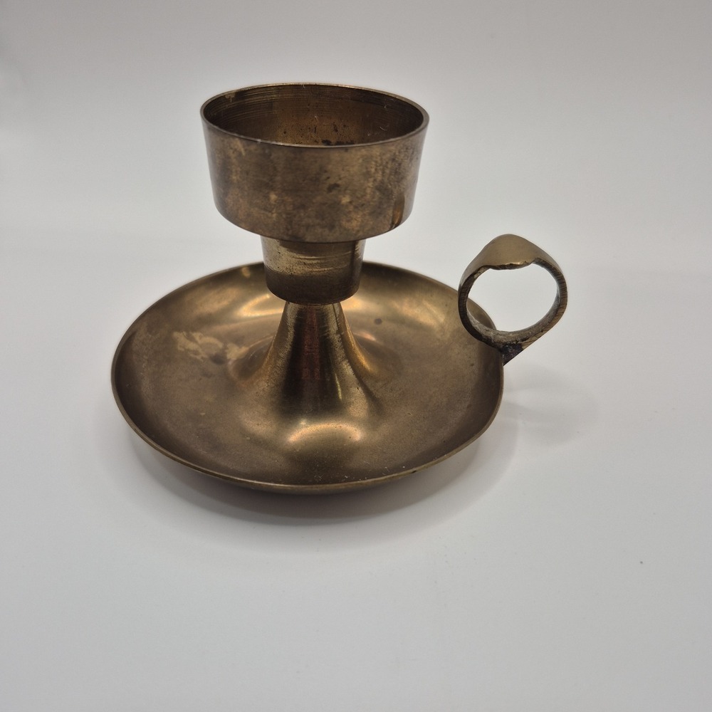 Brass Chamberstick Candle Holder w/ Finger Loop Handle, Round Gold, Taper